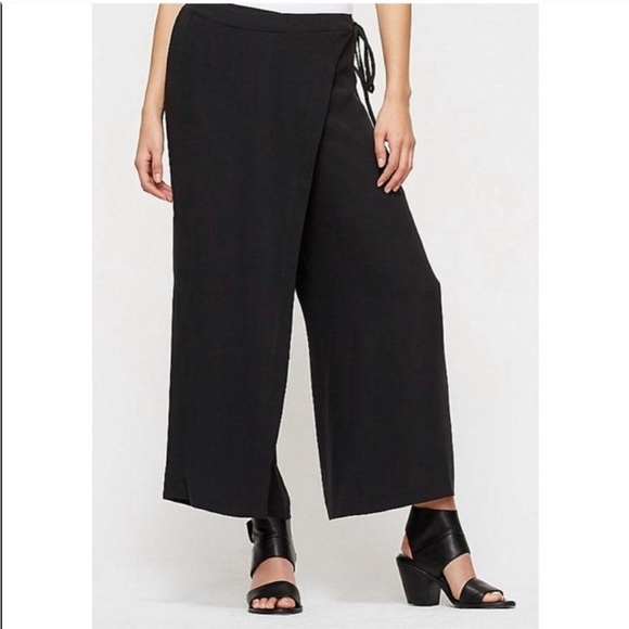 Eileen Fisher Silk Georgette Crop Black Wide-Leg Wrap Pants - Picture 3 of 12